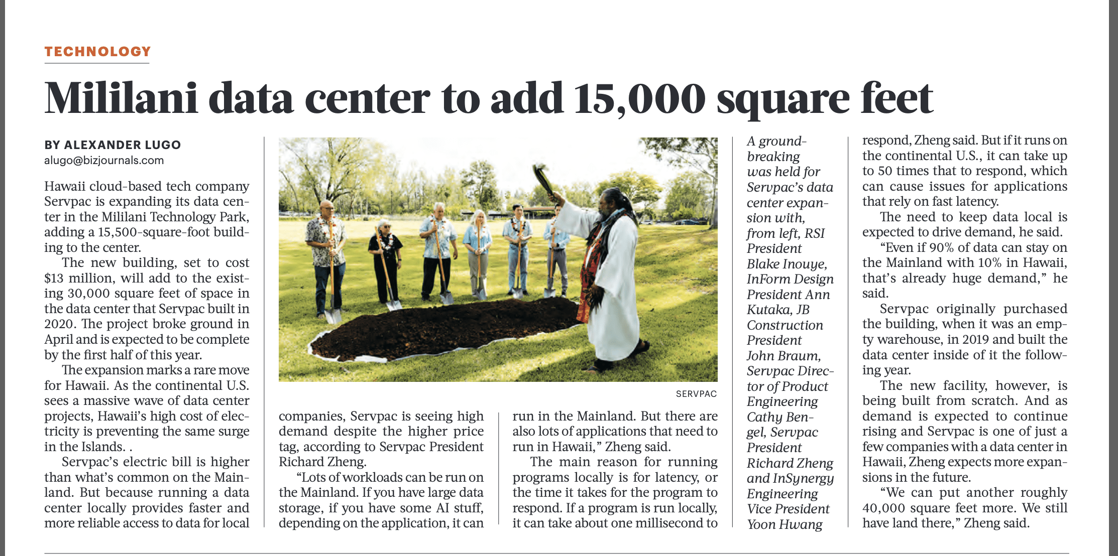 Pacific Business News features Servpac's MTP Groundbreaking